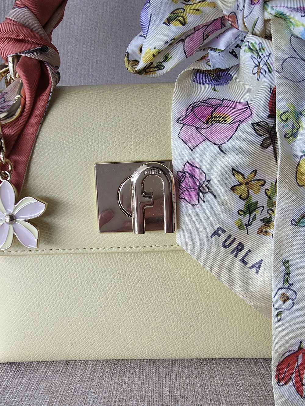 Furla Yellow Leather Top-Handle Bag with 2 Silk Twills & Charm